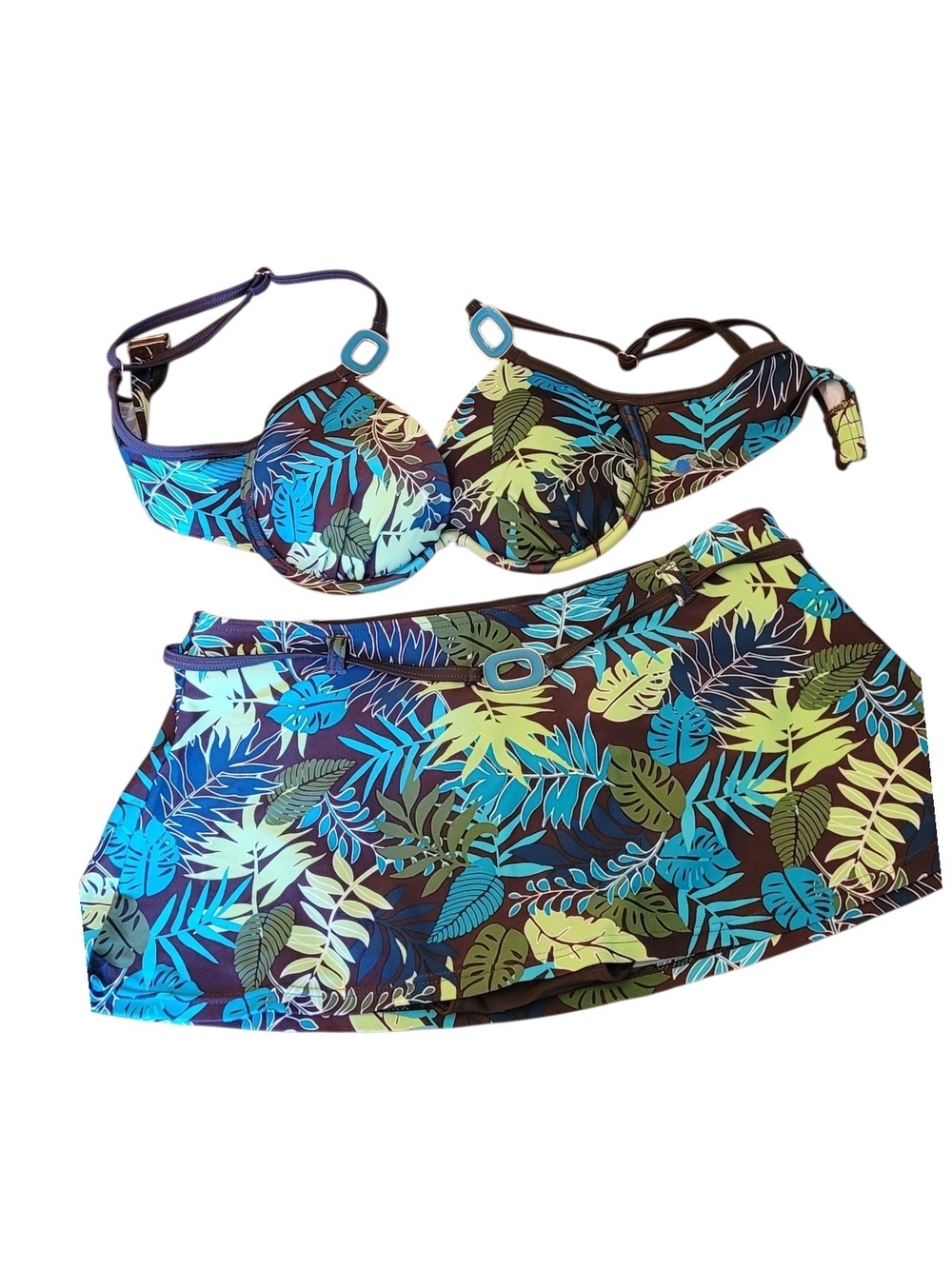 La Vie En Rose Tropical Leaf Bikini Set in Brown, Teal & Lime